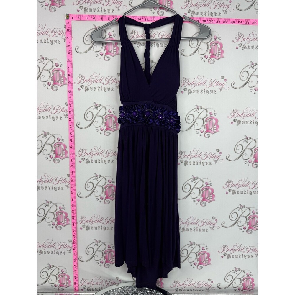 Gilli dress flowers Deep Purple Halter Midi Dress with Beaded Floral Waist